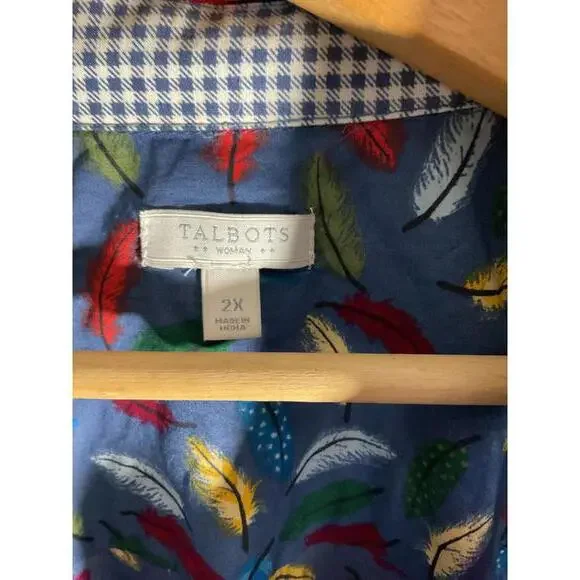 Talbots Woman Colorful Novelty Print Feather Button-Up Shirt 2X - Picture 5 of 8